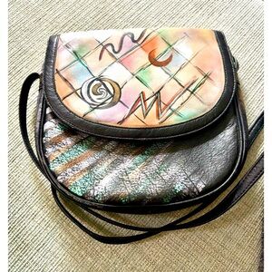 Boho Vintage Botary Black Multicolor Hand Painted Small Crossbody Purse
